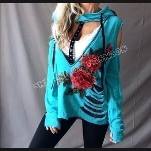 French Terry Cold Shoulder Distressed Hoodie Aqua